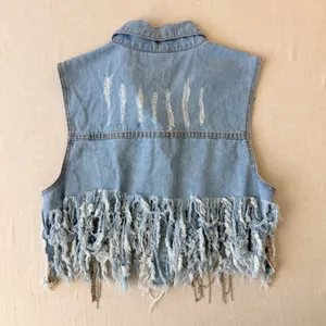 Spoon Jeans Denim Vest Women XL Blue Distressed Rhinestone Fringe Western Crop thumbnail 8