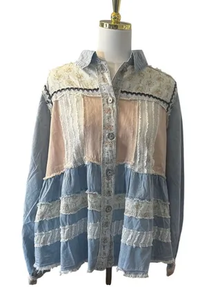 POL Patchwork Lace Tiered Denim Shacket Shirt Jacket Large Boho Cottagecore thumbnail 1