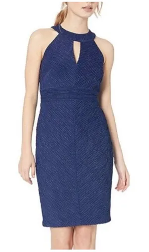 Eliza J Womens 12 Halter Neck Sheath Dress Navy‎ Blue Metallic Stripe Cutout thumbnail 1