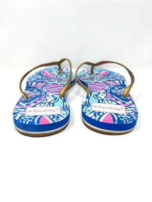 Lilly Pulitzer Coastal Blue Pink Print Gold Metallic Strap Flip Flops 9.5 thumbnail 5