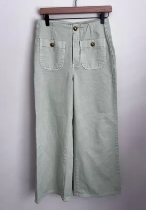 Zara Wide Leg Cropped Jeans Gold Button Front Pockets in Mint Green 4 thumbnail 1
