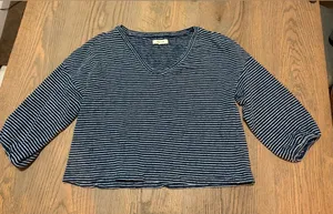 Madewell Navy White Striped V Neck Top Medium Cropped Long Sleeve Tee thumbnail 1