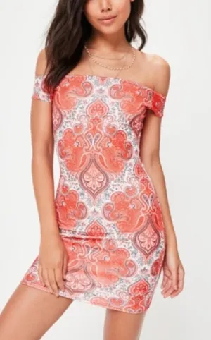 Missguided Suede Off The Shoulder Pink Paisley Bodycon Dress 🫶 thumbnail 1