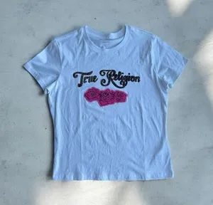 True Religion White Embellished Crystal Rose Romantic Y2K Style Baby Tee Sz L thumbnail 1