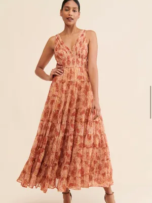 Let Me Be Floral Jacquard Tiered Maxi Dress in Rust-Pink thumbnail 4