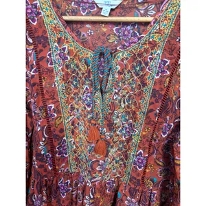 Time And Tru Orange‎ Embroidered Boho Tie Neck Shift Dress Size Medium thumbnail 3