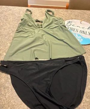Time and Tru Olive Green Tankini Top with Black Bikini Bottom thumbnail 1