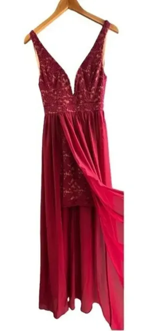 Lulus Lace Prom Dress Sheer Overlay‎ High Front Slit Maxi Bridal Party Gown Sz S thumbnail 1