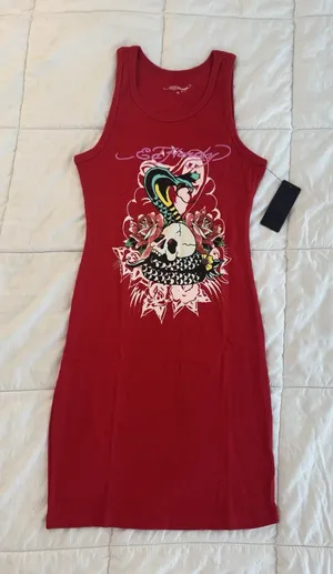 NWT Ed Hardy Dress Red Cobra Ribbed Tank Snake Skull Y2K Biker Rocker Tattoo MTV thumbnail 1