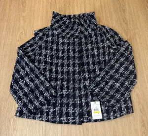 DKNY Art Basel Navy White Plaid Tweed Funnel Neck Jacket womens M thumbnail 1