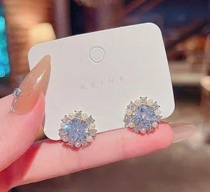 Women's Round Crystal Pearl Stud Earrings White thumbnail 1