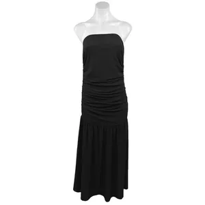 Pixie Market Women's Solid Ruched Black Strapless Flared Long Maxi Dress Size L Size L thumbnail 5