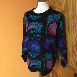 Vintage 80s Sparkly Floral Sweater Black Purple Teal Oversized Retro Cozy thumbnail 8