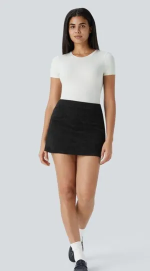 Halara High Waisted Invisible Zipper 2-in-1 A Line Mini Corduroy Black Skirt Med thumbnail 10