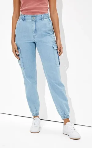 NEW American Eagle Denim‎ Relaxed Mom Jogger Sz 0 Medium Wash Cargo High Rise thumbnail 1