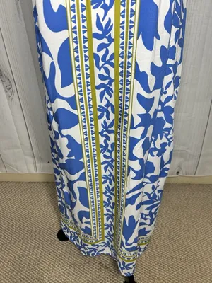 Vince Camuto Floral Border Print Smocked Back Maxi Dress Blue White Sz L Rayon thumbnail 4