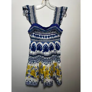 Farm Rio Blue White Tropical Floral Print Ruffle Mini Romper Size Small S thumbnail 2