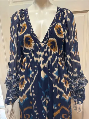 FARM Rio Pineapple Blue Ikat Maxi Dress Boho Long Sleeve Altered Length Small thumbnail 3