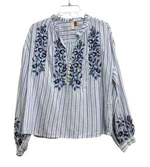 Pilcro Anthropologie Embroidered Striped Boho Blouse Blue White Long Sleeve M thumbnail 1
