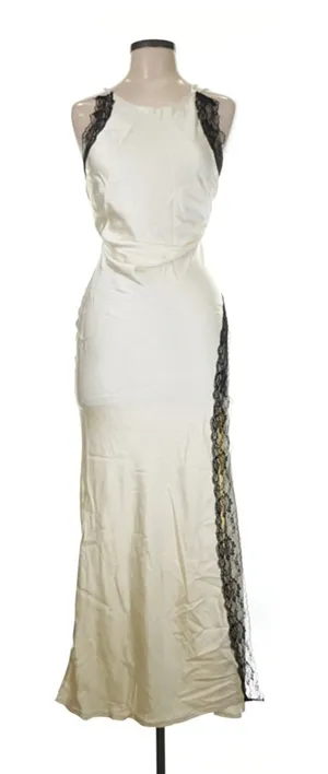 Here Comes The Sun Ivory Black Lace Cutout Maxi Dress Y2K Satin Slip Formal thumbnail 1