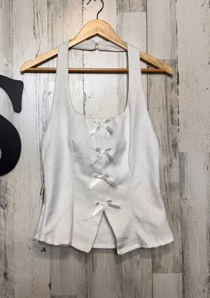 SHEIN White Tweed Halter Top Womens S 4 Coquette Satin Bow Open Drape Back thumbnail 1