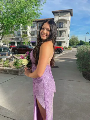 light purple sparkly maxi prom dress thumbnail 2