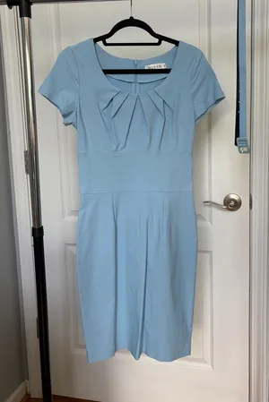 Amazon Light Blue Pleated Scoop Neck Midi Dress thumbnail 1