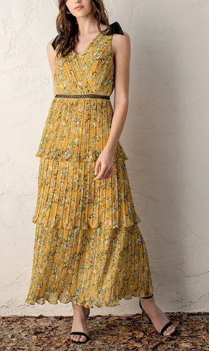 Lulus Such Sophistication Yellow Floral Print Pleated Summer Maxi Dress Size L thumbnail 1