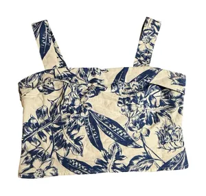 Abercrombie & Fitch Blue Floral Linen Blend Smocked Crop Top Womens Small Toile thumbnail 1