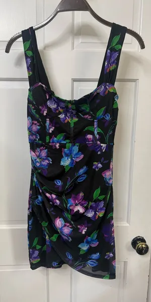 Lulu's Black Mini Dress with Purple, Blue & Green Floral Print thumbnail 1