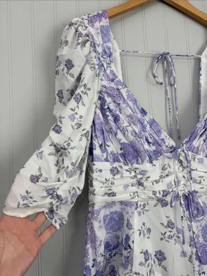 New For Love & Lemons Rosalyn Mini Dress White Lilac Floral Women Size Large thumbnail 6