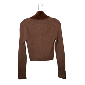 American Eagle Brown Ribbed Faux Fur Collar Zip Up Sweater Y2K Cozy Size M thumbnail 6