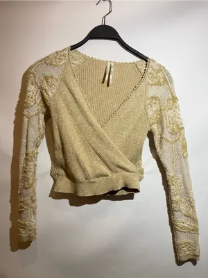Anthropologie Lace Sleeve Faux Wrap V Neck Stretch Knit Sweater Top XS thumbnail 2