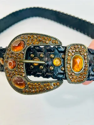 Western Rhinestone Whipstitch Belt with Orange Stones and Black Faux Leather thumbnail 4
