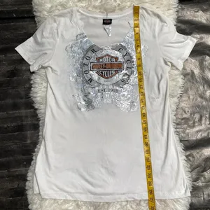 Harley Davidson White Graphic Tee Shirt Silver Floral Print Big Barn Carnival thumbnail 7