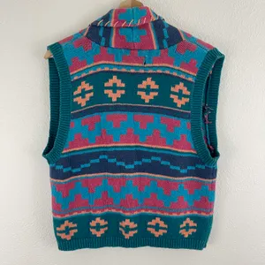 Vintage 90s Teal Blue Pink Southwestern Aztec Button Up Sweater Vest thumbnail 9