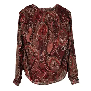 Premise Ruffle Tie Neck Paisley Print Blouse Red Brown Mature Lightweight Size S thumbnail 4