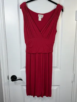 MSSP Max Studio Red Ruched V-Neck Sleeveless Midi Dress Size M thumbnail 3