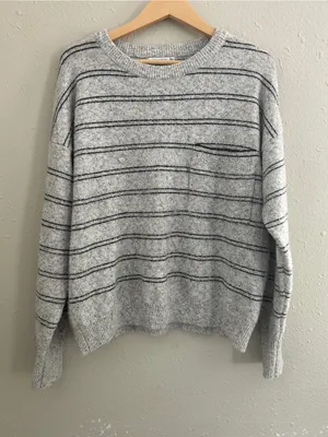 Staccato Gray Crewneck Sweater with Black Stripes Casual Fall Comfy Neutral XL thumbnail 1