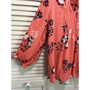 Gap Orange/Black/White Floral Blouse 3/4 Sleeve Size S Pleated‎ Button Up thumbnail 5