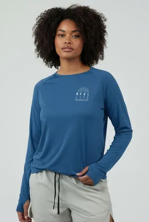 Reel Life Womens UV T-Shirt Size L Navy UPF Sun Protection Thumbholes Fishing thumbnail 1