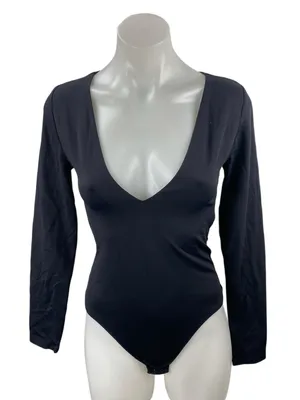 Aritzia Babaton Black Long Sleeve Plunge V Neck Thong Blouse Bodysuit Top Size M thumbnail 1