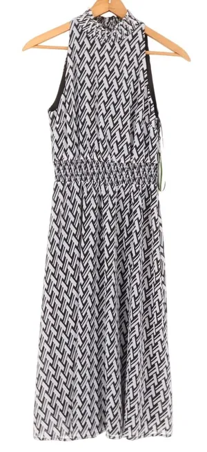 Sam Edelman Geo Mock‎ Neck Smock Waist Midi Dress Womens Size 4 Black White NWT thumbnail 1