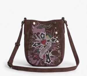 NWT Ed Hardy Y2K Rhinestone Crossbody Purse Purple Suede Crystal Cross Studded thumbnail 1