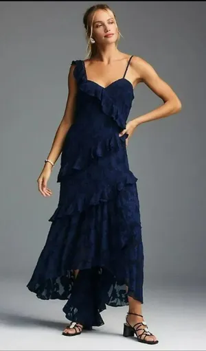 BHLDN Claudia Asymmetric Ruffle Chiffon Midi Dress - Size Medium thumbnail 1