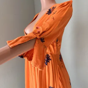 Free People Mini Dress Surplice Wrap Floral Boho Hippie Peasant Orange Bell Sz M thumbnail 9
