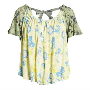 Free People Yellow Baja Babe Printed Cold‎ Shoulder Short Sleeve Top Size XS thumbnail 2