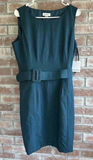 NWT Calvin Klein Belted Sheath Professional Dress Teal Blue Size 12 thumbnail 1