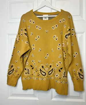 Cotton & Rye Bandana Paisley Sweater XL Mustard Yellow Boho Oversized thumbnail 1