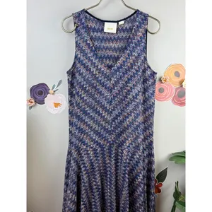 Maeve by Anthropologie Blue V-Neck Chevron Sleeveless Midi Dress - Size - Small thumbnail 5